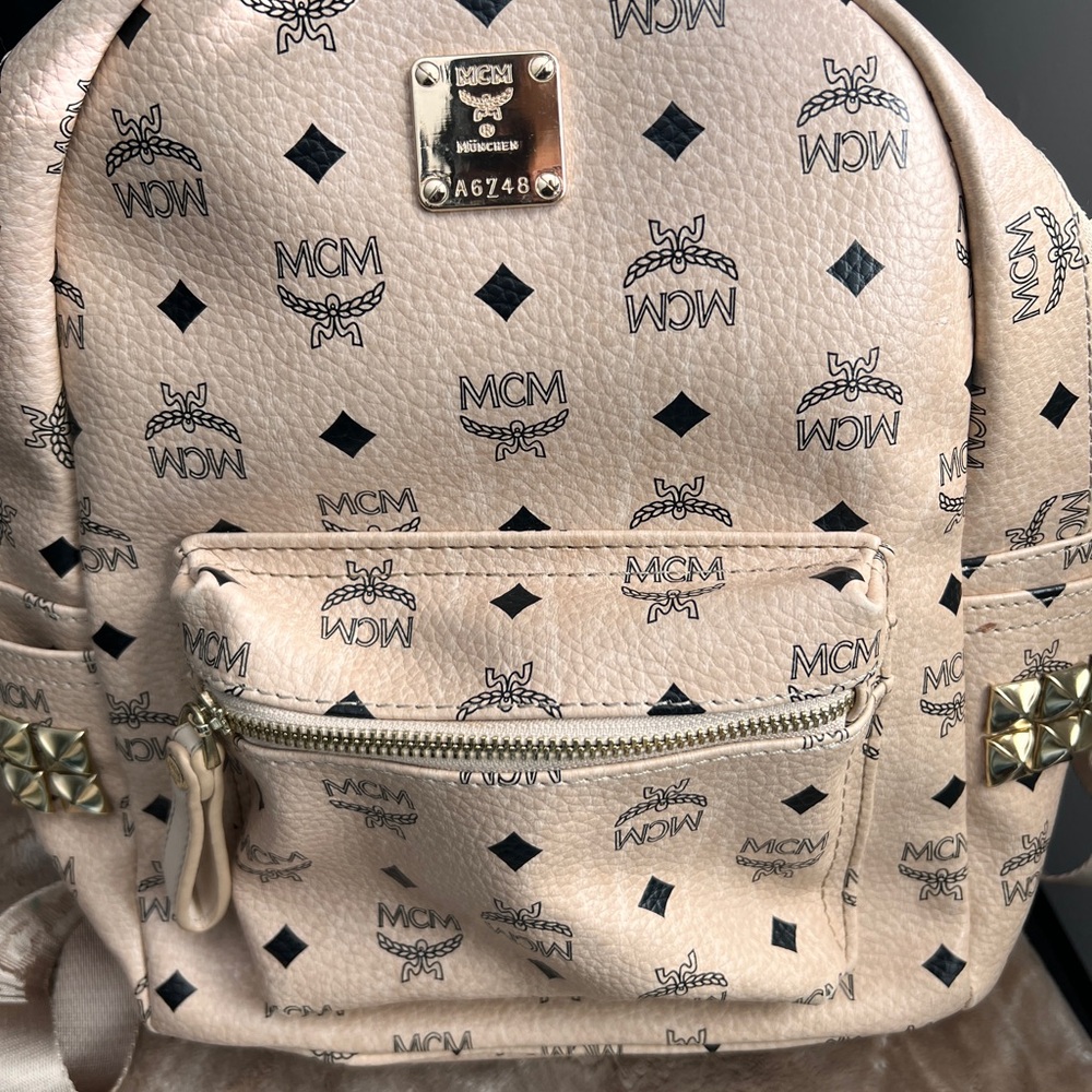 MCM Small Logo Print Backpack in Light Beige with Black Accents